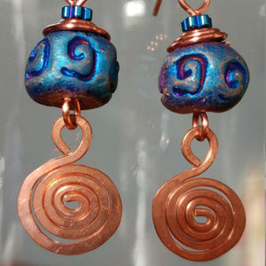 Blue Purple Raku Clay Copper Spiral Bead Earrings